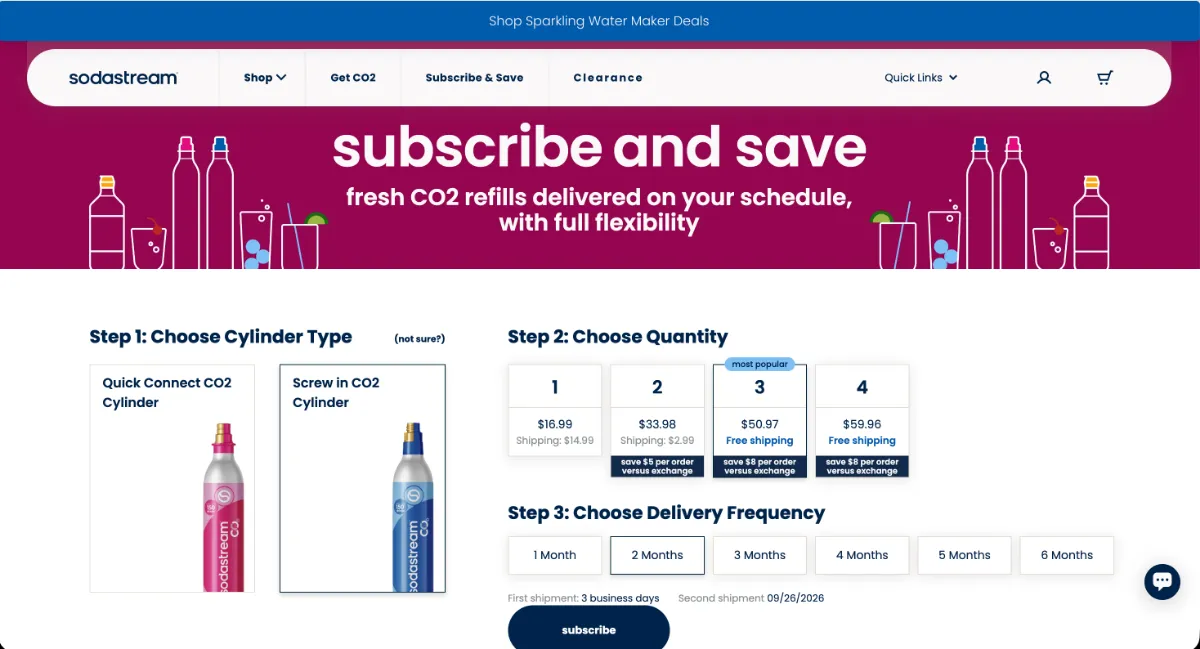 SodaStream Subscribe & Save flow: choosing cylinder type, quantity and delivery frequency